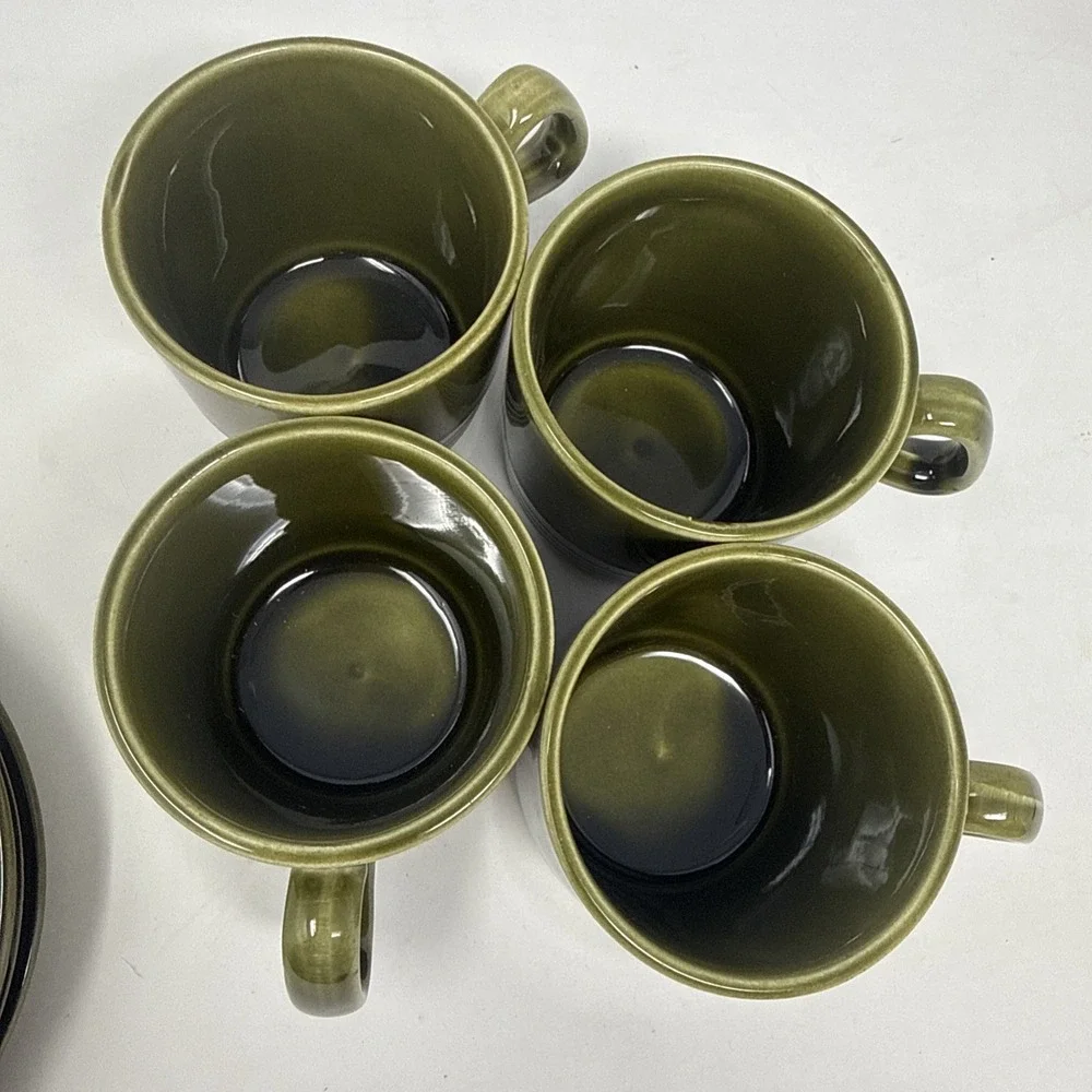 Vintage Retro 2 Tone Olive Green Petite Coffee Tea Cup Mug Saucer Set Of 4 Ridge